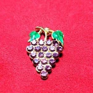 Vintage Glass Enamel Rhinestone Grapes and Leaves Pin Brooch